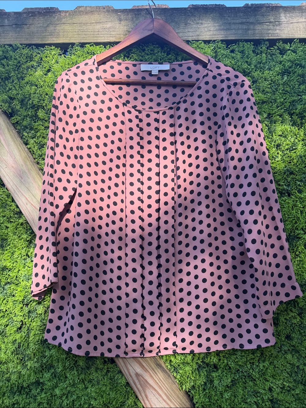 LOFT Dusty Pink Black Polka Dot Scoop Neck Blouse